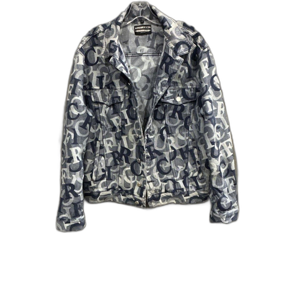 Unisex Fiorucci Nico Denim Jacket Blue Jacquard Logo Safety Jeans Jacket Size M